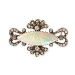 AN ANTIQUE OPAL AND DIAMOND BROOCH in yellow gold and silver, set with a marquise shaped cabochon...