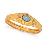 AN ANTIQUE ENAMEL AND DIAMOND BANGLE in yellow gold, the hinged bangle in Etruscan Revival design...