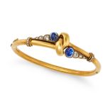 AN ANTIQUE RUSSIAN SAPPHIRE AND DIAMOND BANGLE in 56 zolotnik gold, the hinged bangle in a knotte...