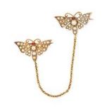 AN ANTIQUE PEARL AND RUBY BUTTERFLY BROOCH in yellow gold, designed as two butterflies set with p...