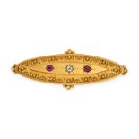AN ANTIQUE RUBY AND DIAMOND BROOCH in 15ct yellow gold, in oval form set with an old cut diamond ...