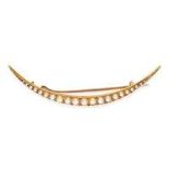 AN ANTIQUE PEARL CRESCENT MOON BROOCH in 15ct yellow gold, the brooch set with a row of pearls, s...