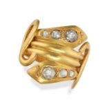 A DIAMOND SNAKE RING in yellow gold, designed as coiled snaked, the heads set with rose cut diamo...
