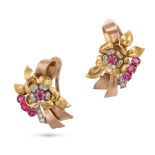 A PAIR OF RETRO RUBY AND DIAMOND FLORAL SPRAY CLIP EARRINGS in yellow, white and rose gold, desig...