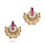 A PAIR OF RUBY AND DIAMOND CLIP EARRING in yellow and white gold, set with a row of square step c...