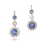 A PAIR OF SAPPHIRE AND DIAMOND DROP EARRINGS each set with a cabochon sapphire suspending a round...
