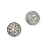 A PAIR OF DIAMOND EARRINGS in platinum, the domed faces pave set with round brilliant cut diamond...