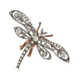 AN ANTIQUE DIAMOND DRAGONFLY BROOCH in yellow gold and silver, designed as a dragonfly, set throu...
