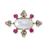 AN ANTIQUE MOONSTONE, DIAMOND AND RUBY BROOCH in yellow gold and silver, set with a cabochon moon...