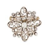 AN ANTIQUE DIAMOND BROOCH in yellow gold and silver, the openwork brooch set throughout with old ...