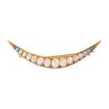 AN ANTIQUE OPAL CRESCENT MOON BROOCH in yellow gold, set with a graduated row of cabochon cut opa...
