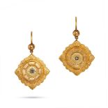 A PAIR OF DIAMOND ROSETTE EARRINGS in yellow gold, each set with a rose cut diamond in a border o...
