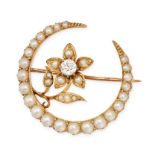 AN ANTIQUE PEARL AND DIAMOND CRESCENT MOON BROOCH in yellow gold, designed as a crescent moon set...