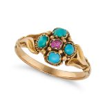 AN ANTIQUE RUBY AND TURQUOISE RING in yellow gold, set with a cushion cut ruby accented by round ...