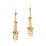 A PAIR OF ANTIQUE GOLD DROP EARRINGS in yellow gold, the tapering bodies accented by beaded detai...