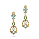 A PAIR OF ANTIQUE PEARL AND ENAMEL DROP EARRINGS in yellow gold, each in scrolling design and set...