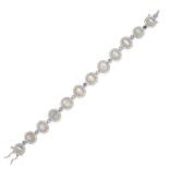 A MOONSTONE, DIAMOND AND SAPPHIRE BRACELET in platinum, set with a row of cabochon moonstones in ...