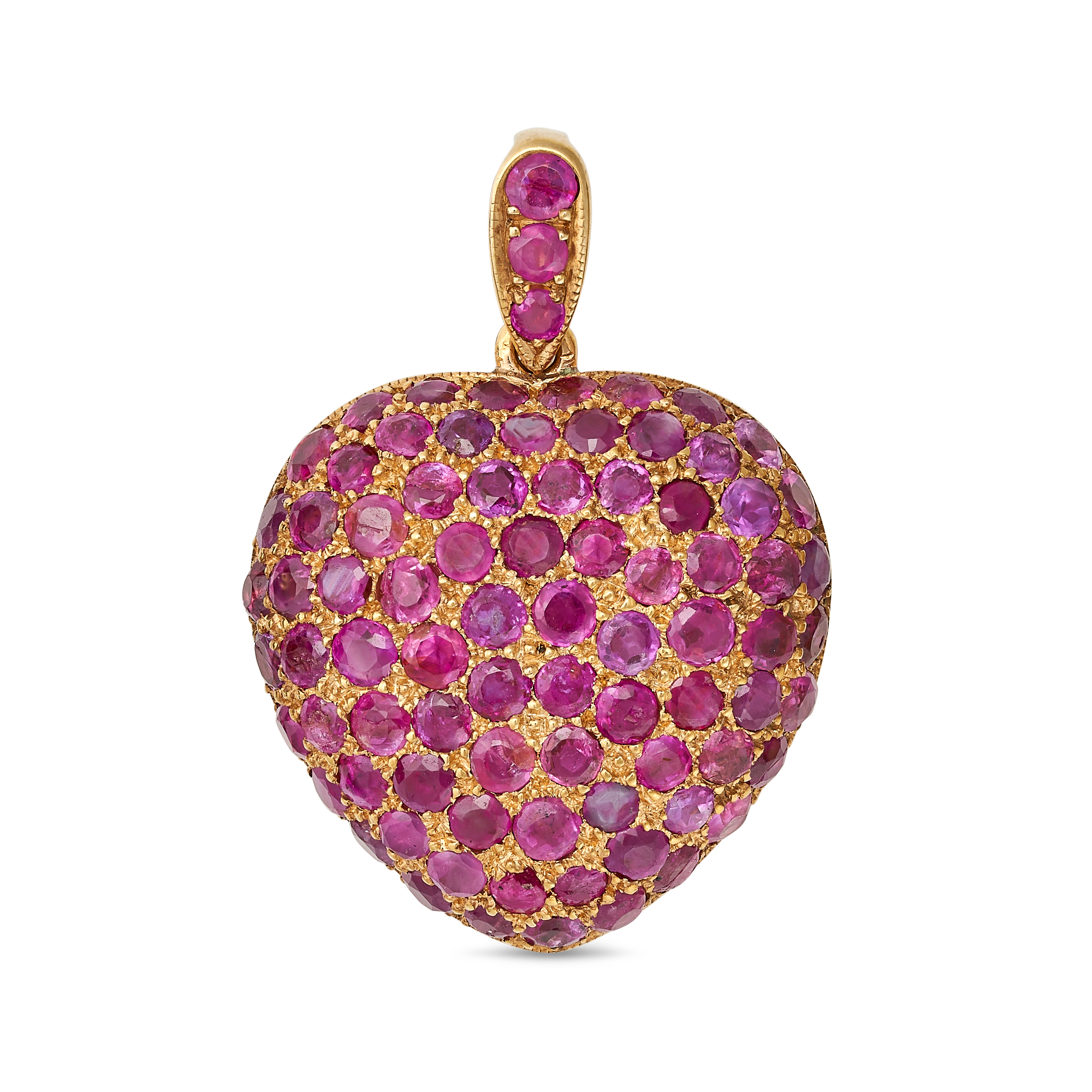 A RUBY HEART PENDANT in yellow gold, designed as a heart set throughout with round cut rubies, fu...