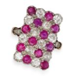 A DIAMOND AND RUBY CHECKERBOARD RING in yellow gold, the rectangular face set with old cut diamon...