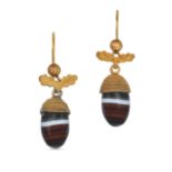NO RESERVE - A PAIR OF ANTIQUE BANDED AGATE ACORN EARRINGS each designed as an acorn set with a p...