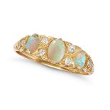 AN OPAL AND DIAMOND RING in 18ct yellow gold and platinum, set with three oval cabochon opals, ac...