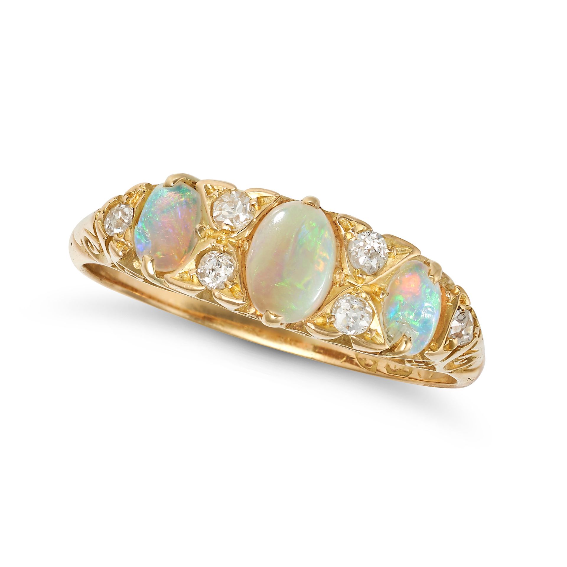 AN OPAL AND DIAMOND RING in 18ct yellow gold and platinum, set with three oval cabochon opals, ac...