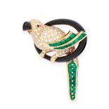 ARFAN PARIS, A VINTAGE EMERALD, DIAMOND, ONYX AND RUBY BROOCH in 18ct yellow gold, designed as a ...