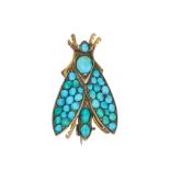 NO RESERVE - AN ANTIQUE TURQUOISE AND RUBY INSECT BROOCH designed as a winged insect set througho...