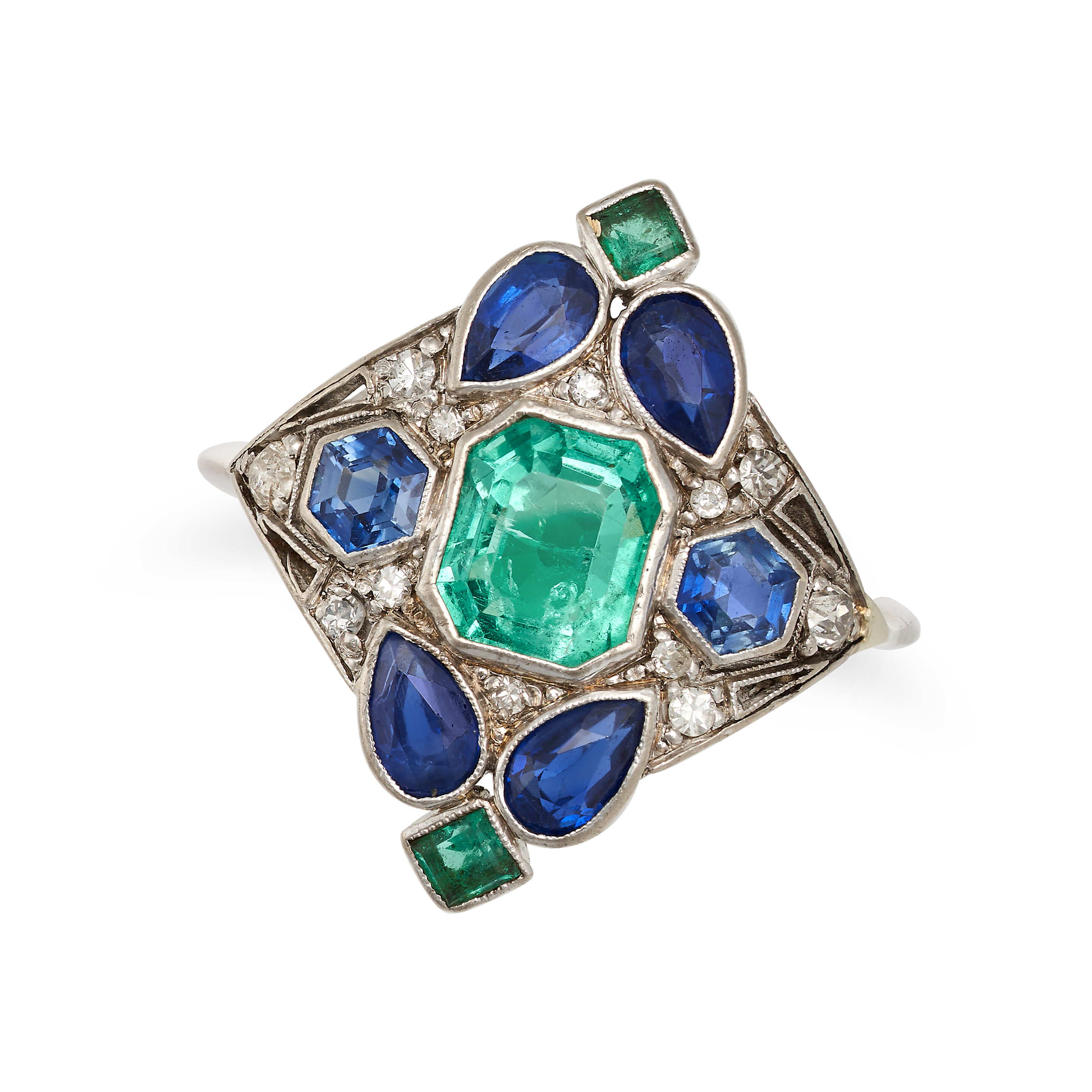 AN EMERALD, SAPPHIRE AND DIAMOND RING in white gold, set with an octagonal step cut emerald of ap...