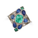 AN EMERALD, SAPPHIRE AND DIAMOND RING in white gold, set with an octagonal step cut emerald of ap...