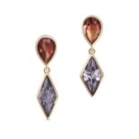 A PAIR OF SPINEL DROP EARRINGS in yellow gold, each set with an inverted pear cut pink spinel sus...