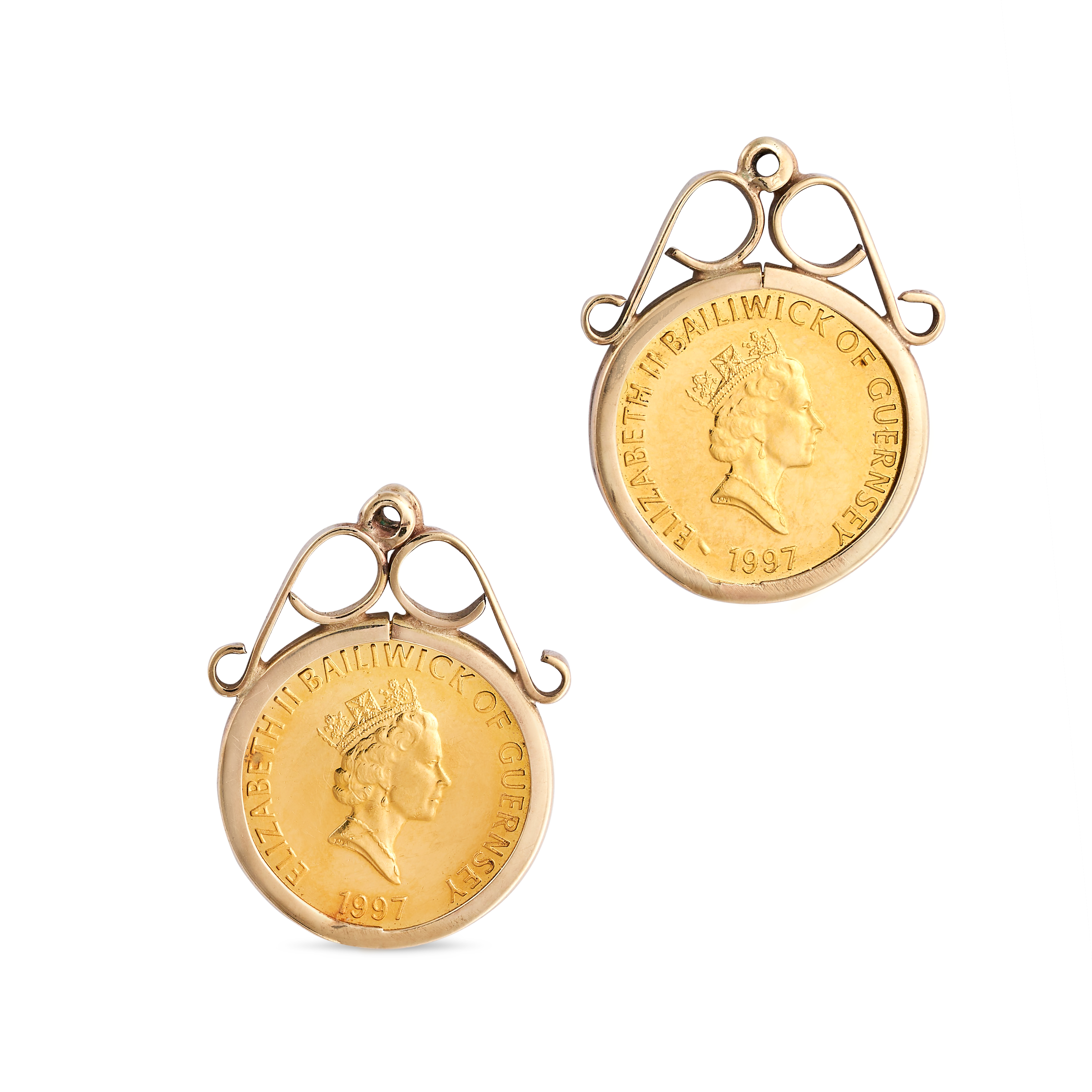 A PAIR OF QUEEN ELIZABETH II BAILIWICK OF GUERNSEY COMMEMORATIVE COIN PENDANTS in yellow gold, ea...