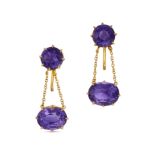 NO RESERVE - A PAIR OF ANTIQUE AMETHYST DROP EARRINGS in 9ct yellow gold, each comprising a round...
