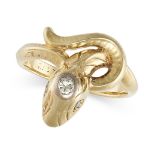 A DIAMOND SNAKE RING in yellow gold, designed as a snake coiled around itself, the head set with ...
