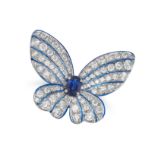 A SAPPHIRE, DIAMOND AND ENAMEL BUTTERFLY RING in 18ct white gold, set to the centre with an oval ...