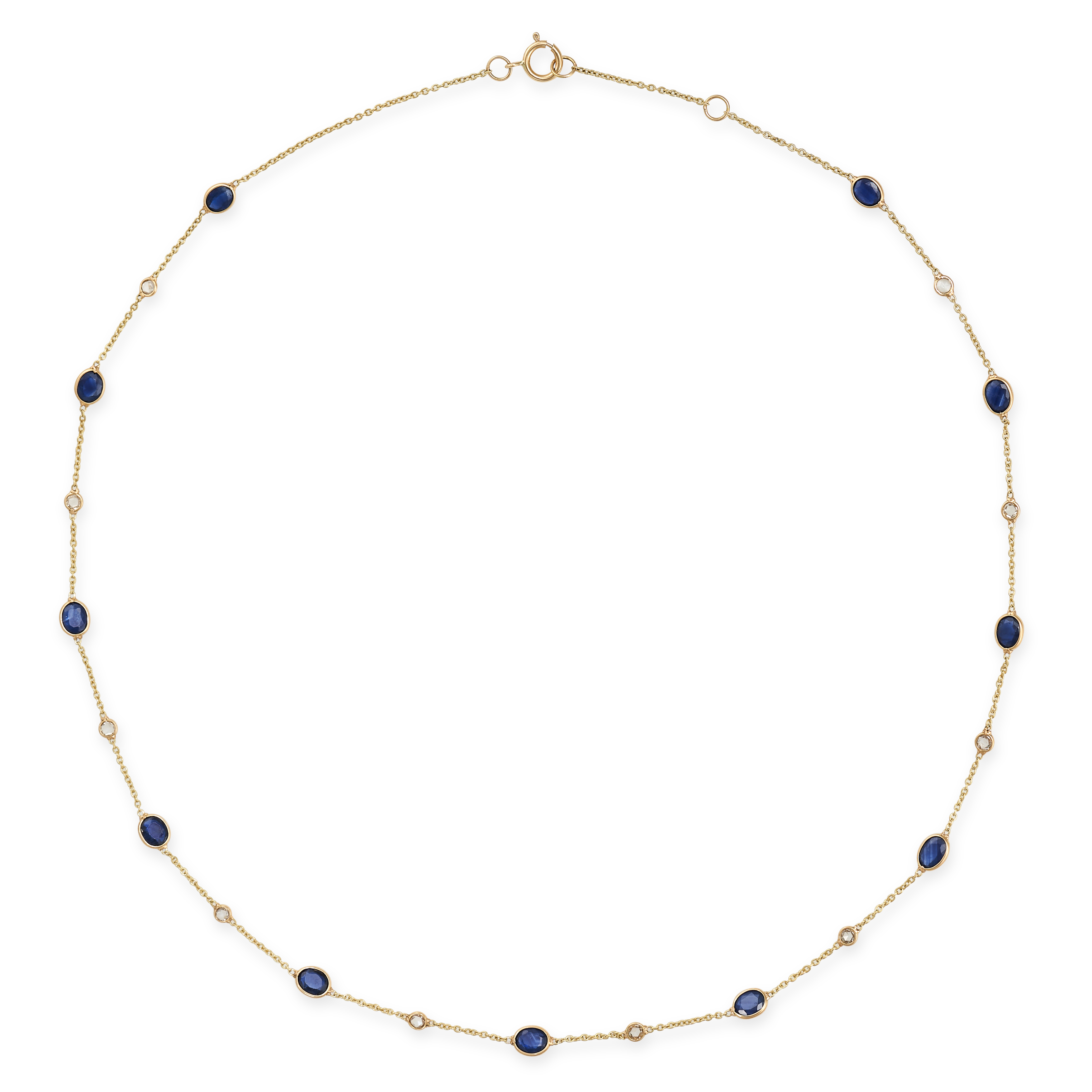 A SAPPHIRE AND DIAMOND CHAIN NECKLACE in 18ct yellow gold, the chain set with a row of alternatin...