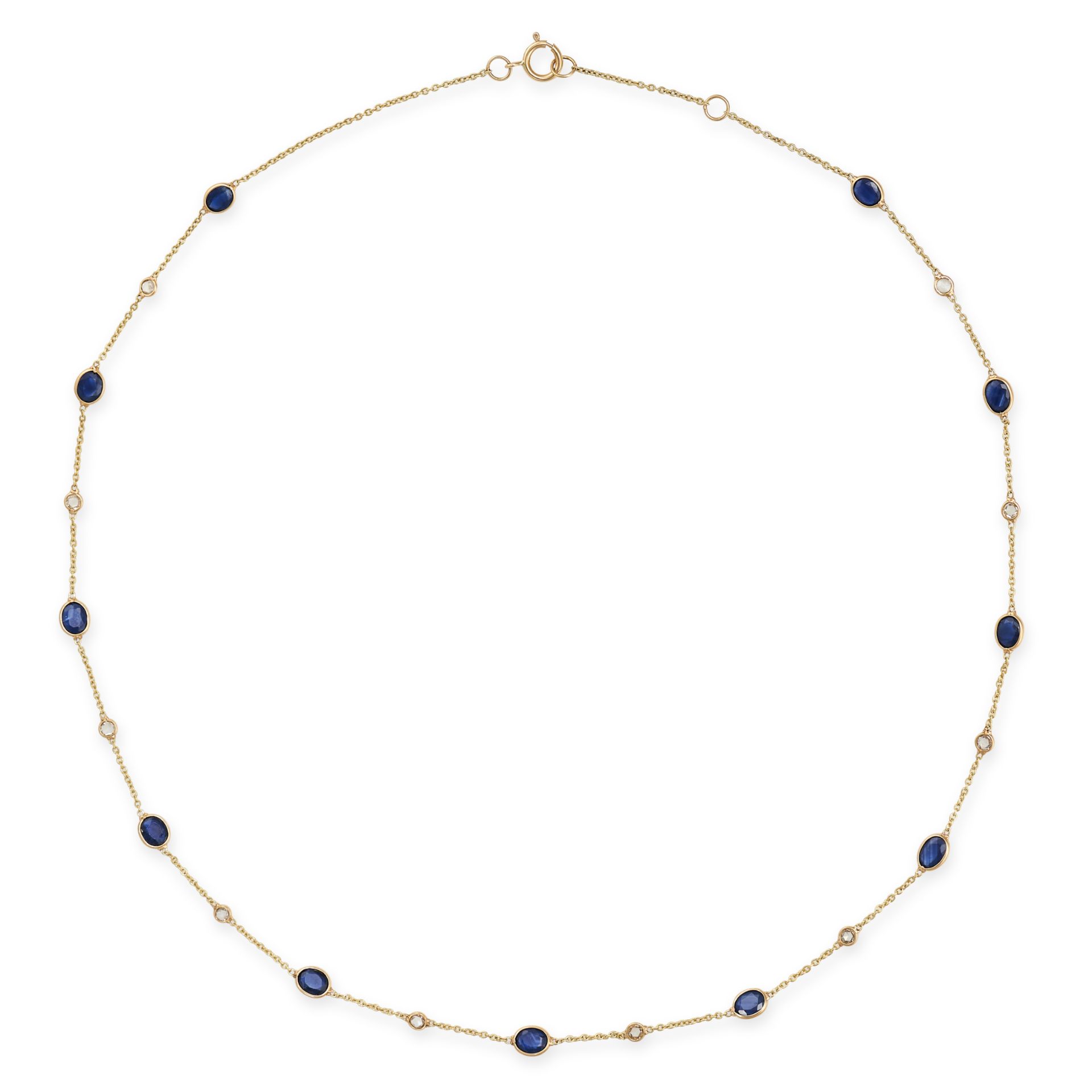 A SAPPHIRE AND DIAMOND CHAIN NECKLACE in 18ct yellow gold, the chain set with a row of alternatin...