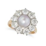 A PEARL AND DIAMOND CLUSTER RING in yellow gold, set with a pearl of 7.2mm in a cluster of old Eu...