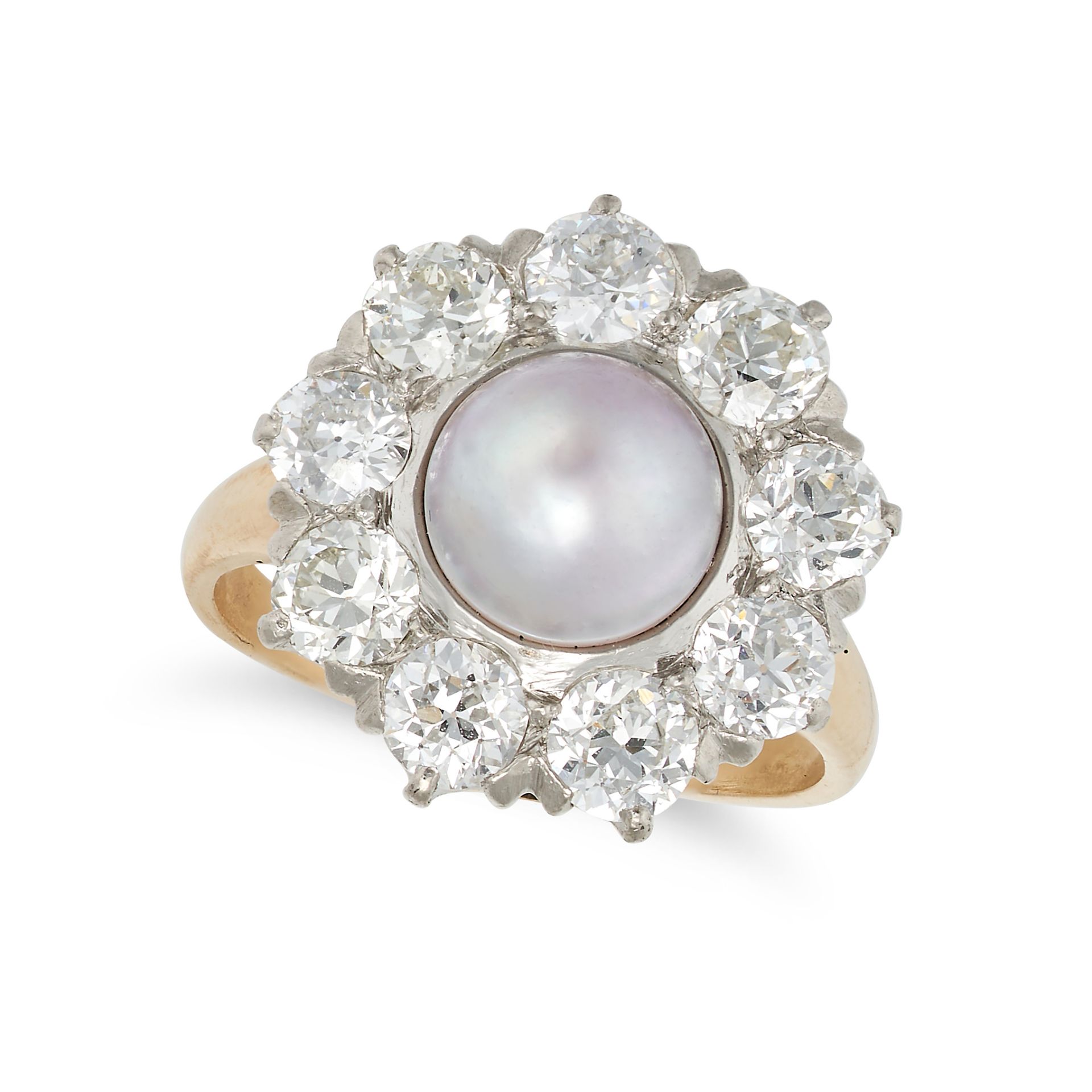 A PEARL AND DIAMOND CLUSTER RING in yellow gold, set with a pearl of 7.2mm in a cluster of old Eu...