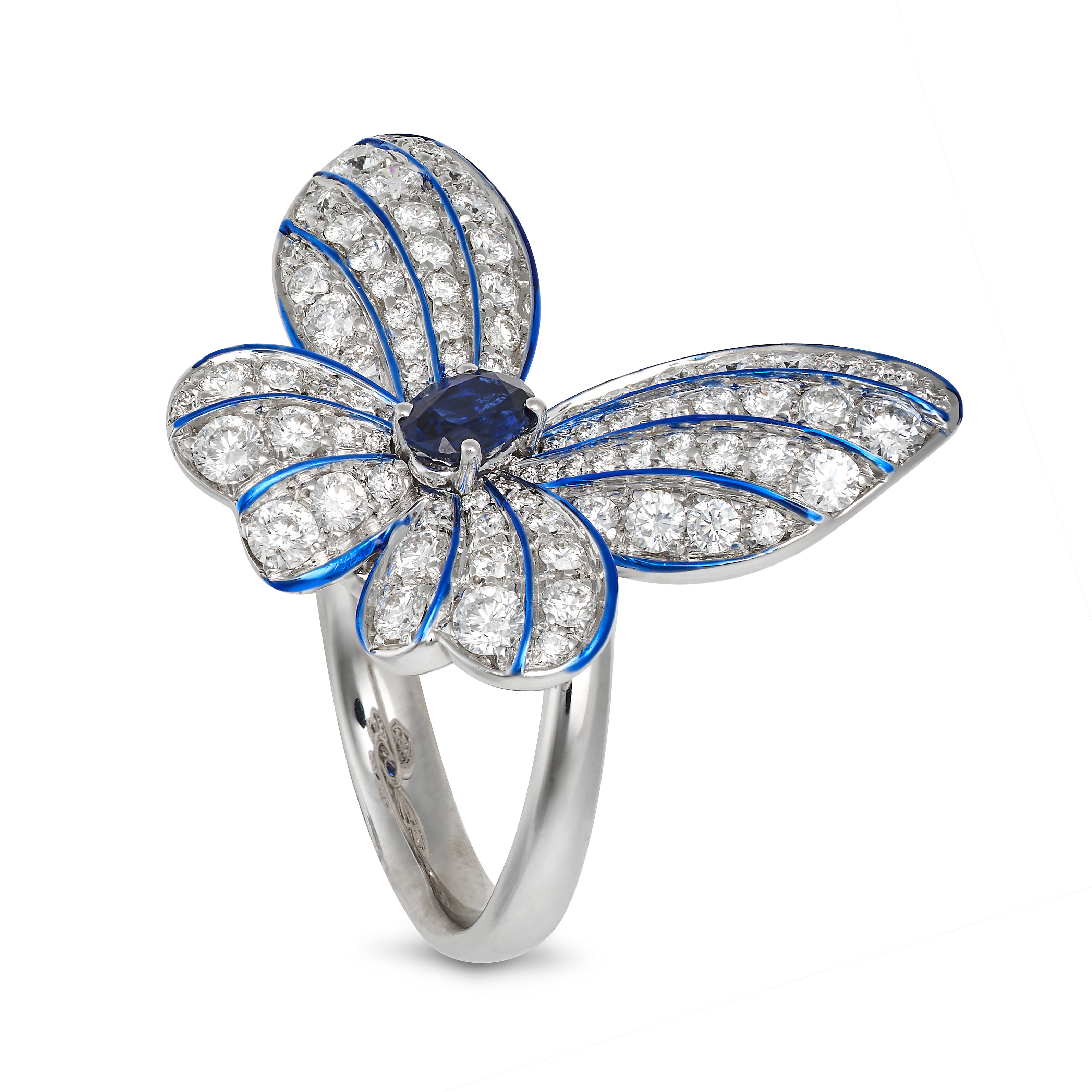 A SAPPHIRE, DIAMOND AND ENAMEL BUTTERFLY RING in 18ct white gold, set to the centre with an oval ... - Image 2 of 2