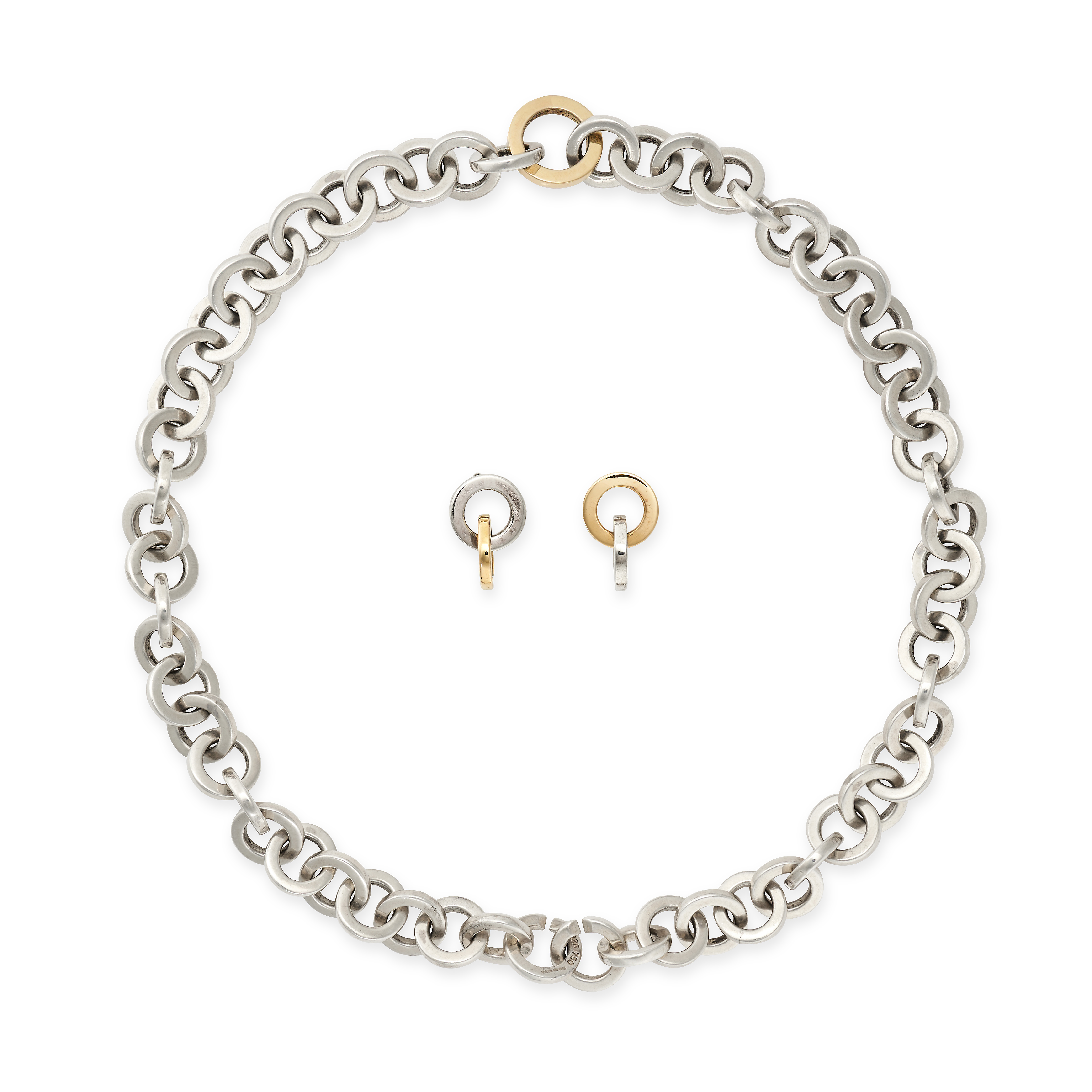 TIFFANY & CO., A NECKLACE AND EARRINGS SUITE in silver and 18ct yellow gold, the necklace compris...