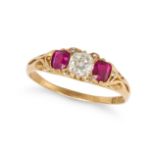 AN ANTIQUE VICTORIAN DIAMOND AND RUBY THREE STONE RING in 18ct yellow gold, set with an old cut d...