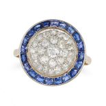 AN ART DECO SAPPHIRE AND DIAMOND TARGET RING in 18ct yellow gold and platinum, set with a cluster...