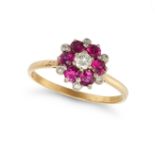 A RUBY AND DIAMOND CLUSTER RING in 18ct yellow gold, set with a round brilliant cut diamond in a ...