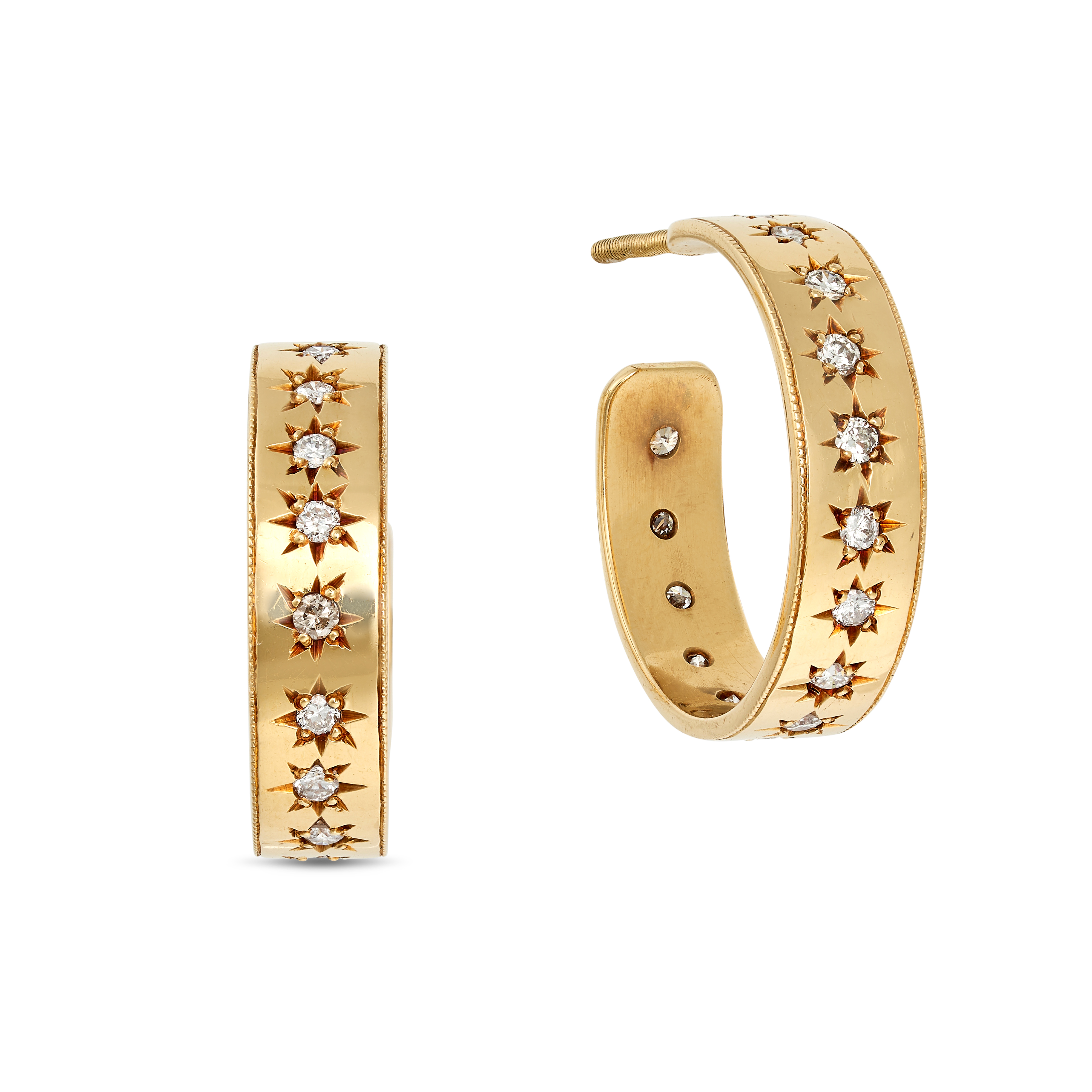 A PAIR OF DIAMOND HOOP EARRINGS in 18ct yellow gold, each set with a row of round brilliant cut d...