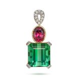 A TOURMALINE AND DIAMOND PENDANT in 18ct yellow and white gold, comprising a bail set with round ...