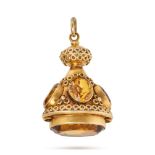 A CITRINE FOB SEAL / PENDANT in 18ct yellow gold, set with a row of oval cut citrines accented by...