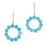 A PAIR OF TURQUOISE DROP EARRINGS in 14ct yellow gold, each suspending an open circle set with ro...