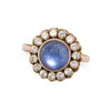 NO RESERVE - A PASTE CLUSTER RING set with a blue foiled round cabochon paste in a cluster of col...