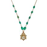 AN INDIAN EMERALD, DIAMOND, PEARL AND ENAMEL PENDANT NECKLACE in yellow gold, comprising an exten...